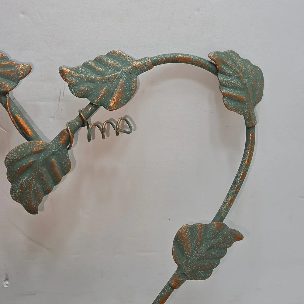 Vintage Heart Leaf Wall Shelf Verdigris Metal Copper Patina Wood Rustic Decor